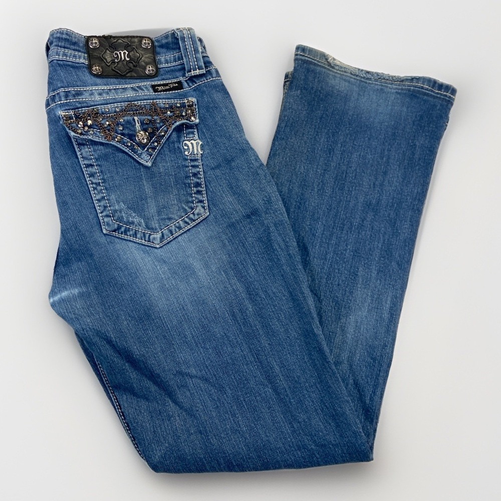 Miss Me Bootcut Jeans Womens 33 x 33 Blue Denim Embellished Rhinestone Buckle